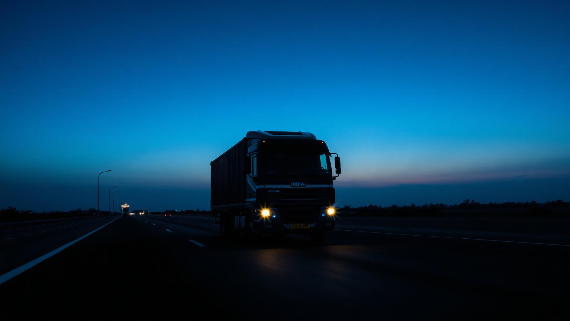 Indian cargo truck on a highway at dusk